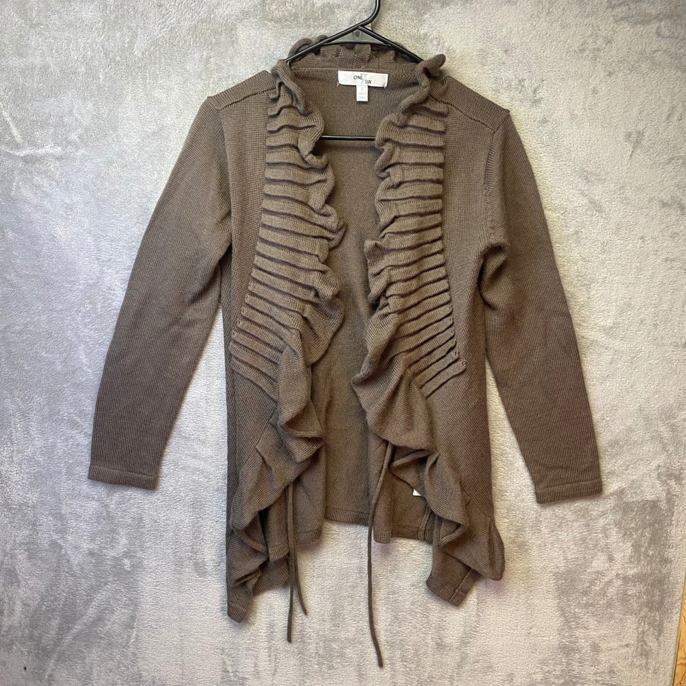 One 7 Six Cardigan Women S Ruffle Open Front Brown Long Sleeve Knit EUC
